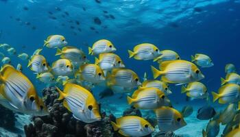 vivace scuola di pesce nuotare nel trasparente scogliera ambiente sotto generato di ai foto