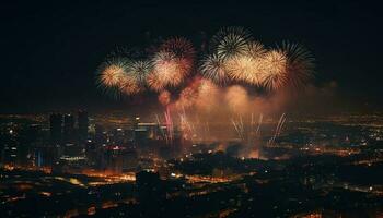 vivace colori Ignite città orizzonte nel esplosivo fuoco d'artificio Schermo generato di ai foto