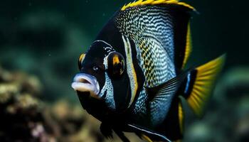 giallo e a strisce clown pesce nuoto nel corallo scogliera bellezza generato di ai foto