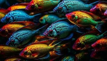 Multi colorato scuola di pesce nuoto nel a strisce corallo scogliera sfondo generato di ai foto