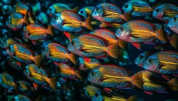 vivace colori di un' scuola di pesce nel il corallo scogliera generato di ai foto