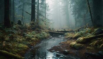 mistero pianta nel bagnato autunno foresta, tranquillo scena con fluente acqua generato di ai foto