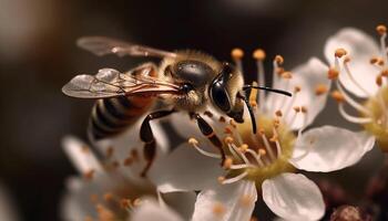 occupato miele ape raccolta polline a partire dal giallo fiore nel primavera generato di ai foto