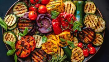 grigliato verdura spiedini su un' piatto, Perfetto per estate picnic generato di ai foto