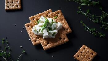 appena al forno fatti in casa biscotti su un' rustico di legno piatto generato di ai foto