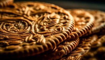 pila di fatti in casa cioccolato patata fritta biscotti su giallo piatto pronto per mangiare generato di ai foto