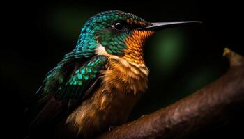 vivace colibrì perching su verde ramo nel tropicale foresta pluviale generato di ai foto