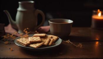 fatti in casa buongustaio dolce cioccolato biscotto pila su rustico di legno tavolo generato di ai foto