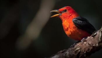 vivace uccello perching su ramo nel tropicale foresta pluviale habitat generato di ai foto