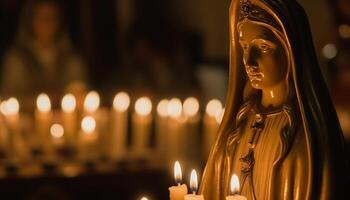 lume di candela si illumina religioso simbolo nel tranquillo interno celebrazione di spiritualità generato di ai foto