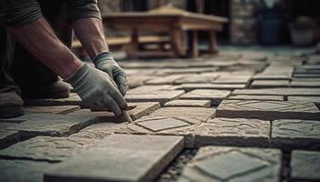 costruzione lavoratore installazione piastrella pavimentazione con ruvido pietra Materiale all'aperto generato di ai foto