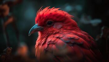 ara perching su ramo, vivace piume, vicino su, tropicale bellezza generato di ai foto