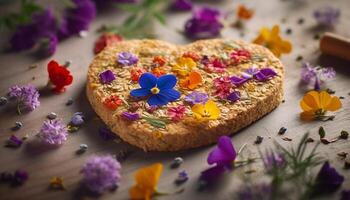 appena al forno biscotto al burro-scozzese cuore con mirtillo e fiore decorazione generato di ai foto