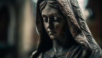 uno donna preghiere a un antico statua di cristianesimo generato di ai foto