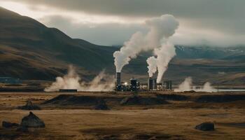 carbone fabbrica camino inquina montagna paesaggio con smog e vapore generato di ai foto
