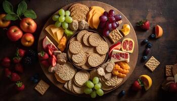 fresco buongustaio dolce piatto con un' varietà di dolce frutti di bosco generato di ai foto