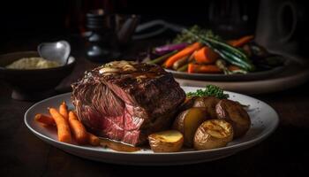 grigliato controfiletto bistecca con fresco verdure su rustico piatto generato di ai foto