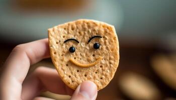 sorridente bambino detiene fatti in casa biscotto, indulgere nel dolce indulgenza generato di ai foto