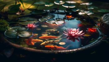 tranquillo scena di acquatico bellezza, koi carpa e loto fiorire generato di ai foto