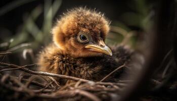 soffice giallo hatchling sbircia a partire dal uccello nido nel rurale scena generato di ai foto