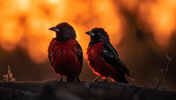 Due storni perching su ramo, sagome contro tramonto cielo generato di ai foto