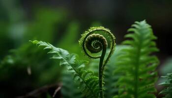 verde felce fronda spirali nel macro, in mostra naturale bellezza generato di ai foto