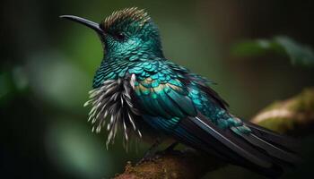 vivace colibrì perching su ramo, iridescente piume splendente brillantemente generato di ai foto