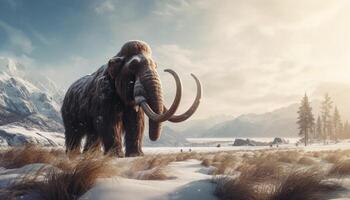 elefante a piedi attraverso nevoso montagna paesaggio, un' inverno avventura generato di ai foto