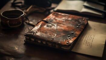 antico pelle libro su vecchio stile di legno tavolo nel buio laboratorio generato di ai foto