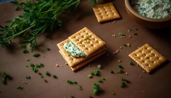 fatti in casa biscotto al burro-scozzese biscotti su rustico di legno tavolo, indulgente merenda generato di ai foto