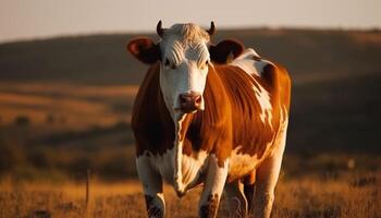 Holstein bestiame pascolo nel verde prato a tramonto, mammella visibile generato di ai foto