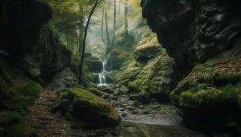 maestoso montagna gamma, fluente acqua, natura selvaggia la zona Paradiso su terra generato di ai foto