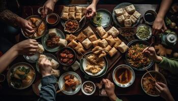 gruppo di persone godendo fatti in casa pasto su rustico cenare tavolo generato di ai foto