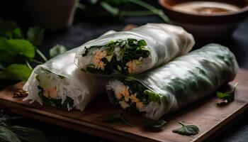 fresco primavera rotolo avvolto nel riso carta, un' vietnamita aperitivo generato di ai foto