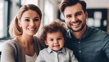 un' contento famiglia di tre, sorridente e Abbracciare una persona con amore generato di ai foto