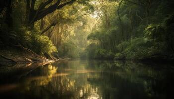 tranquillo scena di un' tropicale foresta pluviale con un' misterioso stagno generato di ai foto