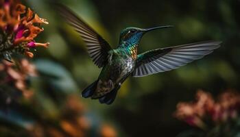 colibrì librarsi medio aria, diffusione iridescente Ali nel naturale bellezza generato di ai foto