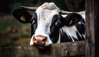 Holstein bestiame pascolo su verde pascolo, guardare a telecamera generato di ai foto