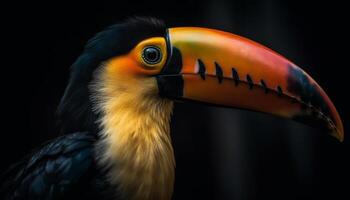 tucano perching su ramo, vivace Multi colorato becco e piuma generato di ai foto