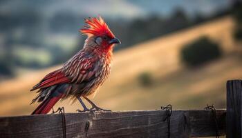 Gallo perching su ramo, piume Multi colorato, vicino su natura ritratto generato di ai foto