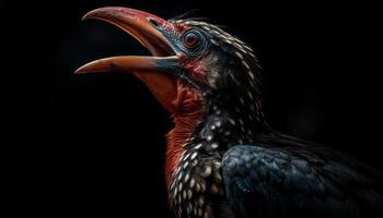 Multi colorato uccello di preda con acuto becco perching su ramo generato di ai foto