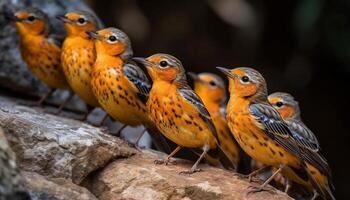 piccolo gruppo di storni perching su ramo, alimentazione su insetti generato di ai foto