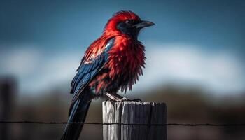 ara perching su ramo, piume vibrante, occhio guardare a telecamera generato di ai foto