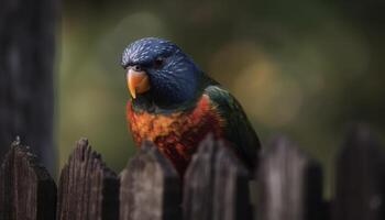 ara arroccato su ramo, piume Multi colorato, vicino su di becco generato di ai foto