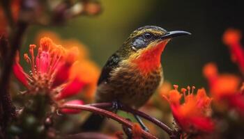 vivace colibrì perching su viola fiore nel tranquillo scena generato di ai foto