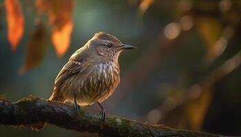 piccolo giallo uccello perching su ramo, cantando nel tranquillo foresta generato di ai foto