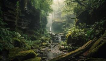 tranquillo scena di un' tropicale foresta pluviale con fluente acqua movimento generato di ai foto