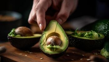 mano tagliare avocado fetta, un' salutare buongustaio merenda per vegetariano stili di vita generato di ai foto