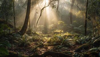 tranquillo scena di un' bagnato foresta con Multi colorato fogliame generato di ai foto