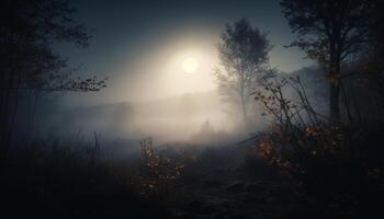 misterioso foresta nel autunno, nebbioso e sinistro, bellezza nel natura generato di ai foto